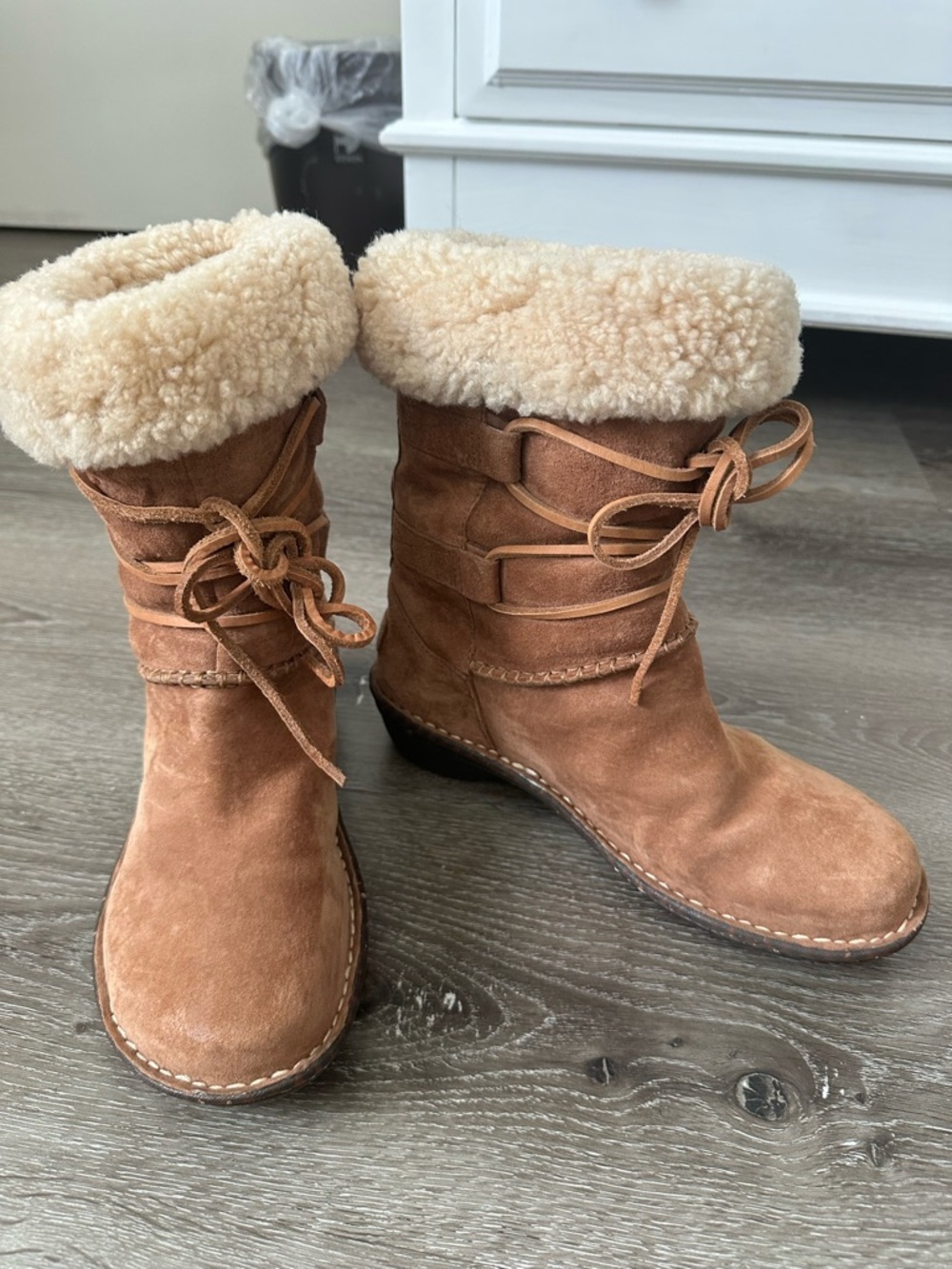 UGG Chestnut Suede Shearling Cuff Lace-Up Ankle Boots